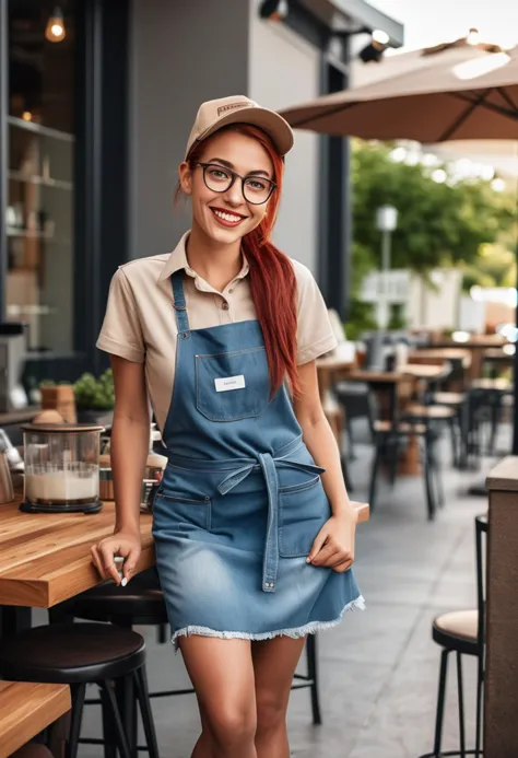 (medium full shot) of (trendy barista) young woman, slender build, long red ponytail hair, american, tan skin, hazel eyes, weari...