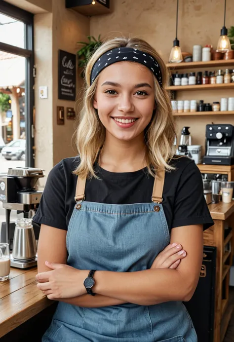 (medium full shot) of (cheerful barista) young woman, lithe build, long blonde inverted bob cut hair, south african, dark skin, ...