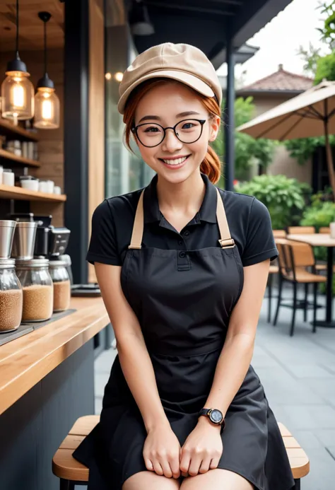 (medium full shot) of (cheerful barista) young woman, petite build, medium ginger low bun hair, korean, tan skin, brown eyes, we...