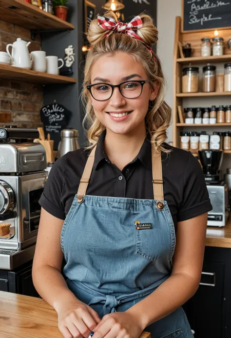 (medium full shot) of (cheerful barista) young woman, curvy build, extra long blonde updo hair, canadian, tan skin, light brown ...