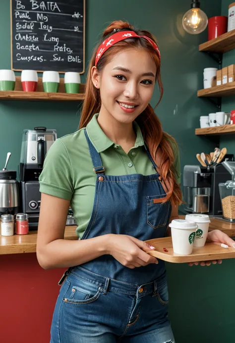 (medium full shot) of (trendy barista) young woman, normal build, long red ponytail hair, chinese, tan skin, hazel eyes, wearing...