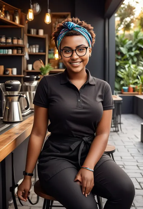 (medium full shot) of (trendy barista) young woman, curvy build, short hazel hime cut hair, african, dark skin, brown eyes, wear...