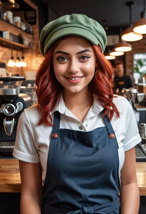 (medium full shot) of (skilled barista) young woman, voluptuous build, medium red retro hair, mexican, tan skin, olive green eye...