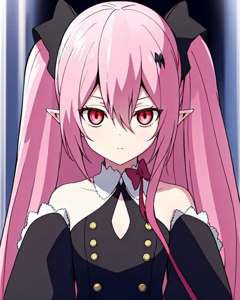 black background, (portrait:1.1),Krul Tepes,1girl,solo,night,darkness,Dark background, pointy_ears,pink_hair, long_hair, red_bow, detached_sleeves, bow,closed mouth,looking at viewer, black_pupil,(glowing eyes:1.1),