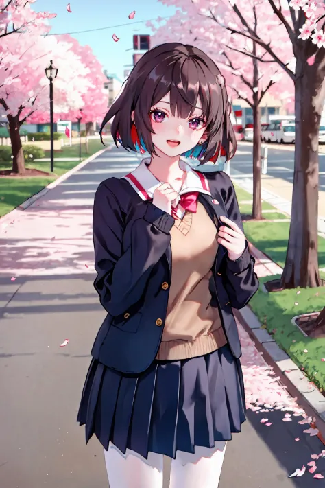 1girl, xueyi \(honkai: star rail\), solo, school uniform, white shirt, sweater, pleated skirt, pantyhose, light smile, double v, looking at viewer, smile, open mouth, outdoors, street, cherry blossoms, petals, depth of field, masterpiece