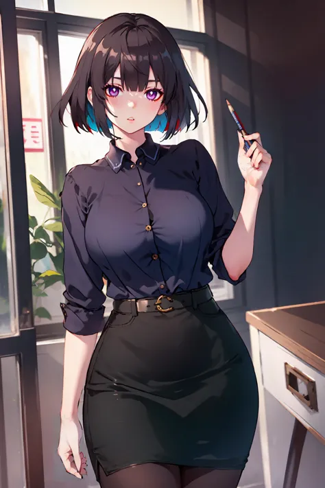 1girl, xueyi \(honkai: star rail\), office lady, collared shirt, pencil skirt, pantyhose, looking at viewer, parted lips, cowboy...