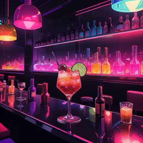 brightly lit bar with a cocktail and bottles of alcohol