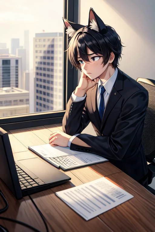 masterpiece, best quality, (furry ,dog), business suit,  bored, office, sitting, computer, windows, working, sad,  male, soul crushed, corporate, dog ears,