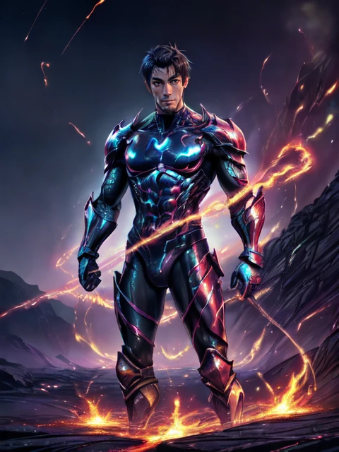 hirosh1_n0texist is a young-Japanese-man with short-black-hair DonMV01dm4g1c, BREAK  portrait, solo, half shot, detailed background, detailed face, (renaissance theme:1.1)    primal fiery armored champion, [heavy armor:molten rock:2], covered in molten rock,   lava, cracks, heat,  pyromania, glowing aura, floating particles, rocks, obsidian in background, ,  cinematic fiery atmosphere,