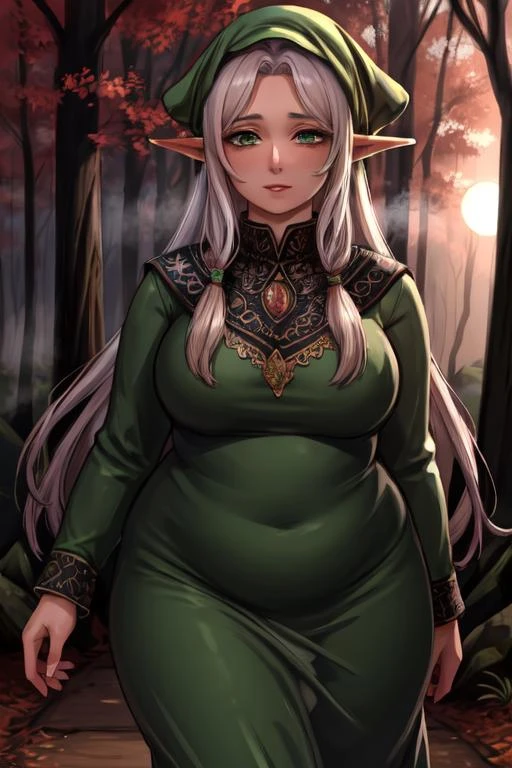 masterpiece, best quality, stunning mature elf, green eyes, plump, green long dress,  steam, forest, leaves, mist, mysterious, pale skin, long hair, (upper body) , high_aesthetic, depth of field, dusk, glowing, jewelry, brook, walking, close-up, white long sleeves, arms at sides,