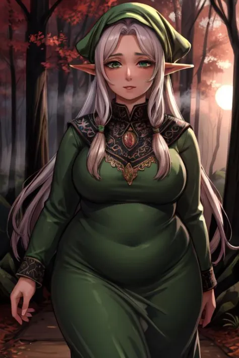 masterpiece, best quality, stunning mature elf, green eyes, <lora:symix-5-1-alpha01:0.7>, plump, green long dress,  steam, fores...