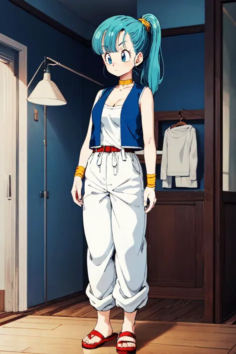 bulma \(dragonball\), 1girl, inside, solo, breasts, blue eyes, animal ears, cleavage, aqua hair, standing, full body, ponytail, choker, indoors chair, sandals, lamp, yellow wristband, yellow choker, white pants, white topwear, tube top, toenails, scrunchie, looking at feet, clothes grab, small_breasts, red footwear, red belt, raised eyebrows, vest over shirt, eyelashes, eyebrows, blue vest, baggy pants, arm at side, collarbone, expressionless
<lora:bulmaDragonBall:0.7>