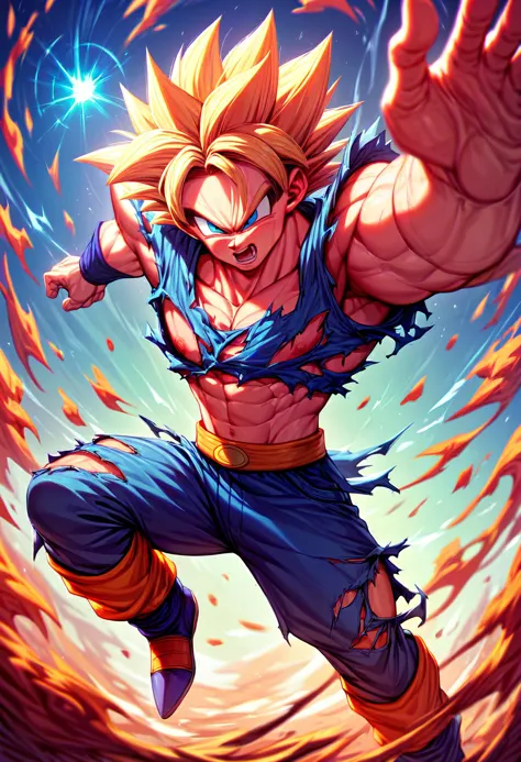 score_9, score_8_up, score_7_up, score_6_up, Son Goku, Dragon Ball Z, Super Sayan 1 power up pose, torn clothing, heavy winds mo...
