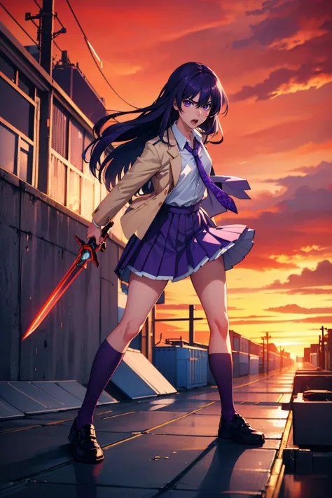 anime girl with sword standing on rooftop at sunset