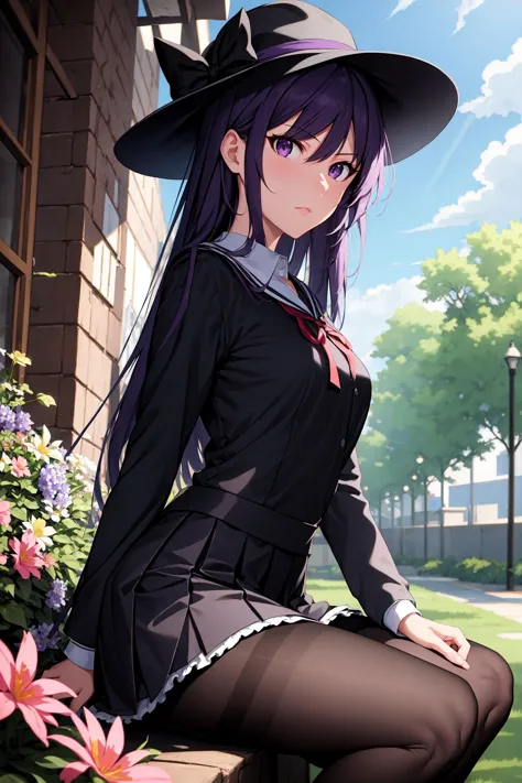 anime girl in a witch hat sitting on a bench in a garden