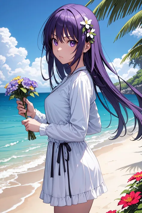 (masterpiece, best quality), anime style, outdoors, flowers, summer, ocean, cowboy shot, 1girl, solo, SenaAoi, purple eyes, small breasts, <lora:SenaAoi_V1-Manityro-Dadapt:1.0>, looking at viewer, casual, dress, long sleeves