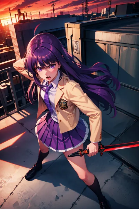 anime girl with purple hair holding a sword on a rooftop