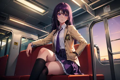 anime girl sitting on a train seat with her legs crossed