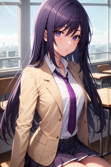 anime girl in a school uniform sitting in a classroom