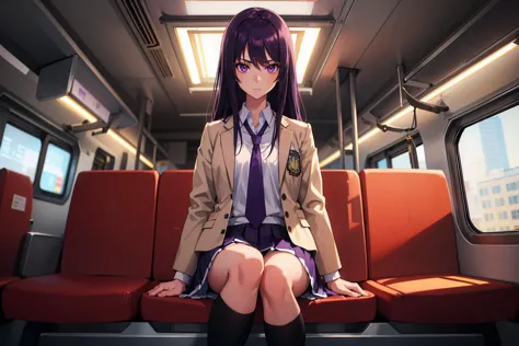 <lyco:SenaAoi_V1-Manityro-Dadapt:1.0> SenaAoi, Purple eyes, beige jacket, white shirt, collared shirt, pleated purple necktie, pleated skirt, purple skirt, black kneehigh socks
masterpiece, best quality, absurdres, looking at viewer, sitting, blank expression, orange sky, twilight, subway car, sitting, alone, from front, red seats