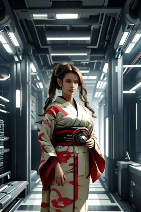 a woman in a kimono standing in a hallway with a red and white robe