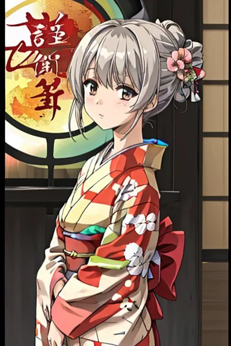 a woman in a kimono outfit standing in front of a sign