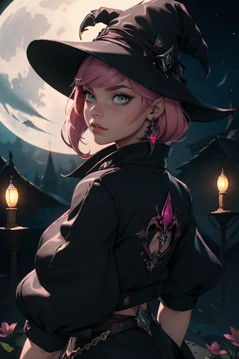 a woman in a witch hat standing in front of a full moon