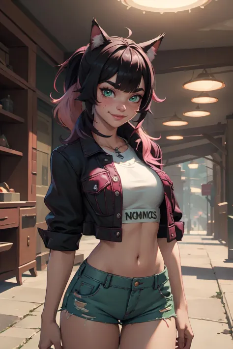 highres, masterpiece, perfect lighting, bloom, cinematic lighting, adult, female, looking at viewer, cowboy shot, (RSEEmma:1.5),xivstreetjacket, jean shorts, cat ears, side-swept bangs, black hair, pink IncursioDipDyedHair, messy mid ponytail, green eyes, thick eyebrows, freckles, smile 