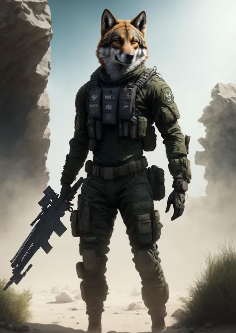 1 chico, enfoque masculino, solo, militar, camuflaje, humanoid, cuerpo completo, arma, peludo, foto cruda, photoRealista,obra maestra,mejor calidad, (Realista, photo-Realista)