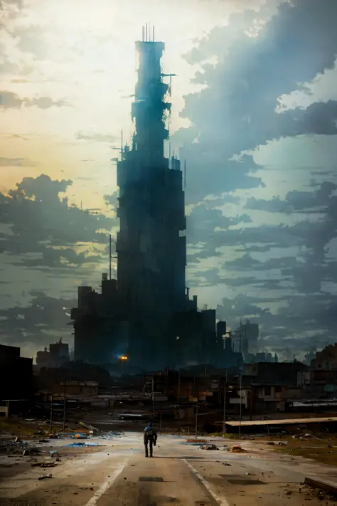 (post-apocalypse:1.2), robotic monolith towering above a desolate city, (album art:1.1), (artpunk:1.0), unique pose, (trigun:1.1...