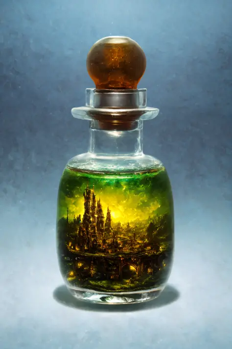 a fantastical potion bottle containing a tiny city, colorful, magic, (workshop:1.1), intricate detail, hyper detailed, ultra rea...