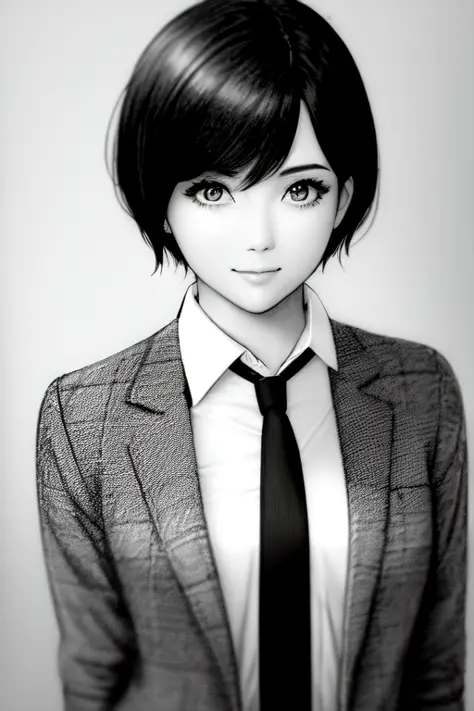 ((pencil sketch)) of a mysterious female detective in a shirt, necktie, short hair, (photorealistic:0.5)