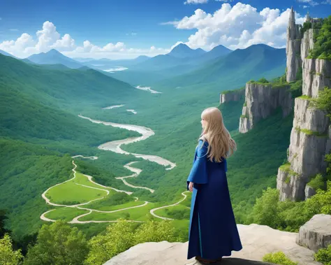 a female wizard, robes, on a cliff overlooking a lush green forest, blue sky, majestic view, mountains, detailed