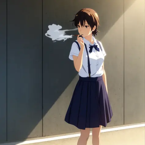 tomboy schoolgirl, cigarette in hand, smoking, smoke, leaning against the wall by makoto shinkai kyoto animation key art feminin...