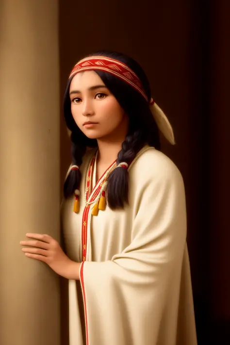 close up of a young native american woman in a traditional dress and headwear at night in a deserted cathedral , (photograph, photorealistic:1.3), (masterpiece:1.1), dark lighting, low lighting