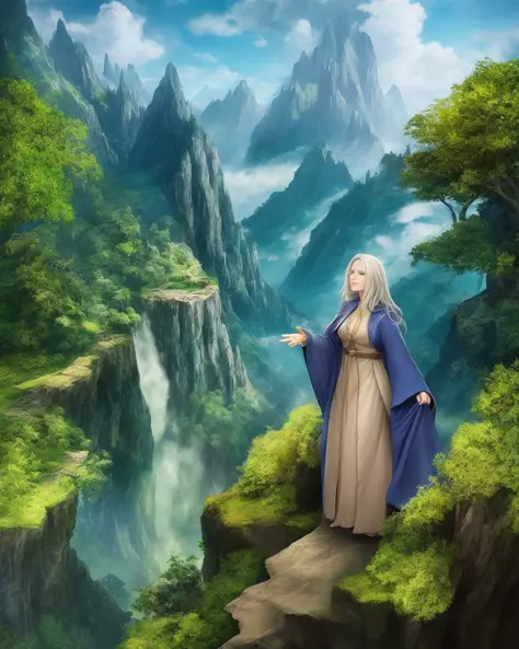 a female wizard, robes, on a cliff overlooking a lush green forest, blue sky, majestic view, mountains, detailed