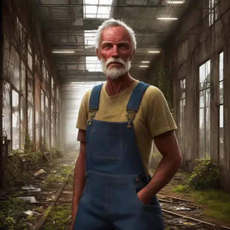 old man, overalls, abandoned factory, overgrown, junk, beautiful lighting, detailed, evening sun, by Martin Ansin