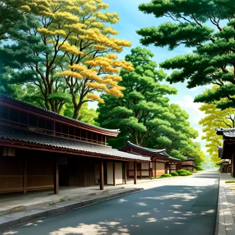 eine wunderschöne traditionelle japanische Stadt, Tageslicht, ausführlich, Mehrfarbige Vegetation, myst, leere Straßen, Sonnig, vorgestellt auf Artstation, Weitwinkelaufnahme, Entsättigtes Aussehen, Linsenreflexionen, filmisch, Hyperrealismus, octane render, 8k, Nobuyoshi Araki