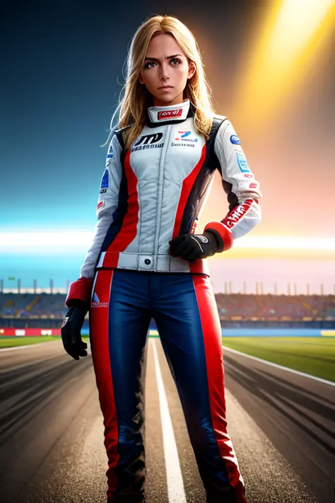 full body portrait of tanned blonde racecar driver, wearing Formula One race suit, gloves, small breasts,  34 years old, sweaty:...