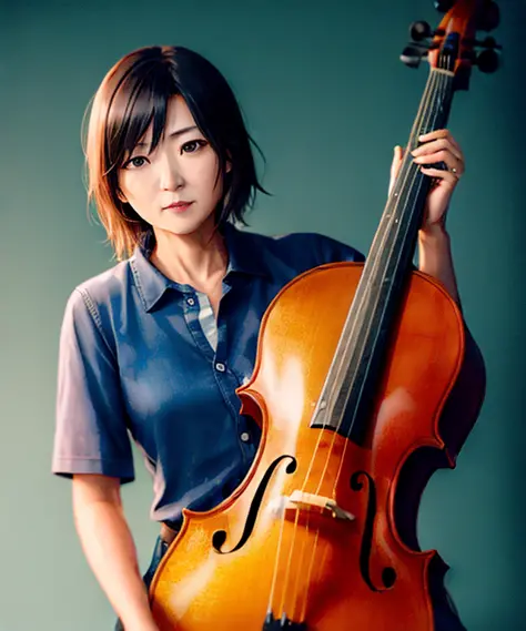 (im mittleren Alter:1.6) japanische Musikerin, Cello spielen, Meisterwerk, Untergrundstreuung, schöne Beleuchtung, detailliertes Gesicht und Augen, detaillierte Haut, komplizierte Details, hyperdetailliert, ultra-realistisch, scharf focus, octane render, Volumetrisch, Raytracing, Artstation im Trend, Abonnieren, Gefühl der Ehrfurcht, 4k, Hohe Sättigung Klarheit Kontrast, tiefe Ebenen, scharf, retuschiert, Farblich abgestuft, sanfte Beleuchtung