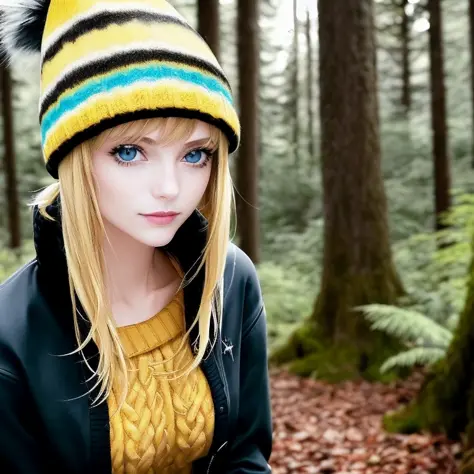 Mädchen, tiefes Dekolleté, gelb-schwarz-blaue Farbe, Nahaufnahme, punk, Fotografie. Einheimisch, Wild, Glücklich. in einem dunklen Wald. trägt einen figurbetonten Pullover, (Blondes Haar), in einem Hut