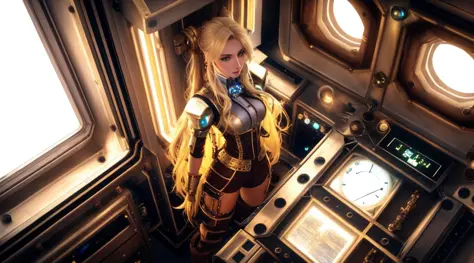 tiktok girl, (from_above:1.32) (standing:1.22) blonde hair , long-hair , in steampunk , brown (cyborg) , on space station , jewe...