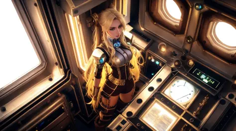 tiktok girl, (from_above:1.32) (standing:1.22) blonde hair , long-hair , in steampunk , brown (cyborg) , on space station , jewelry, (full_body:1.4), (realistic:1.4), masterpiece, high quality, realistic lighting, center of frame, 8k, hdr, (freckles:0.86) ,