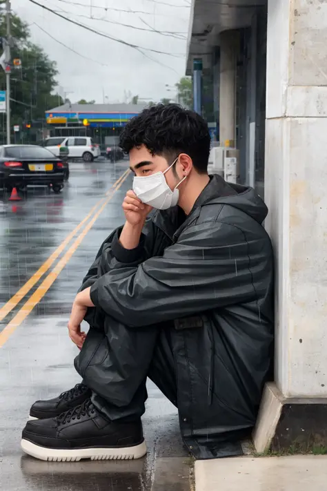 (full body:1.1), Photograph, highest quality, (grime:1.1), (man:1.2), (old:1.1), highly detailed face and eyes, (street corner:1.1), (from the side:1.1), gas station, (face mask:1.1), sitting on sidewalk, unique pose, magnum opus, masterpiece, morose face, raytracing, highly detailed face, realistic face, highly detailed eyes, black hair, pontytail, vsco, monochrome, muted colors, (raining:1.2)