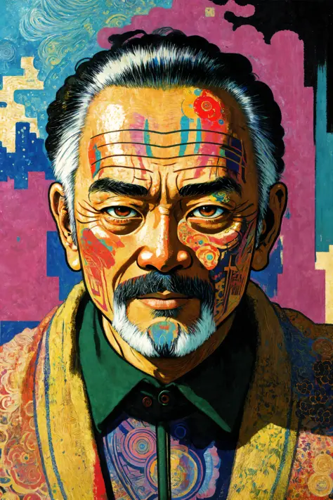 [Close up of an old asian man's face:abstract background:0.5], extremely detailed face and eyes, explosive pose, expressionism, ...
