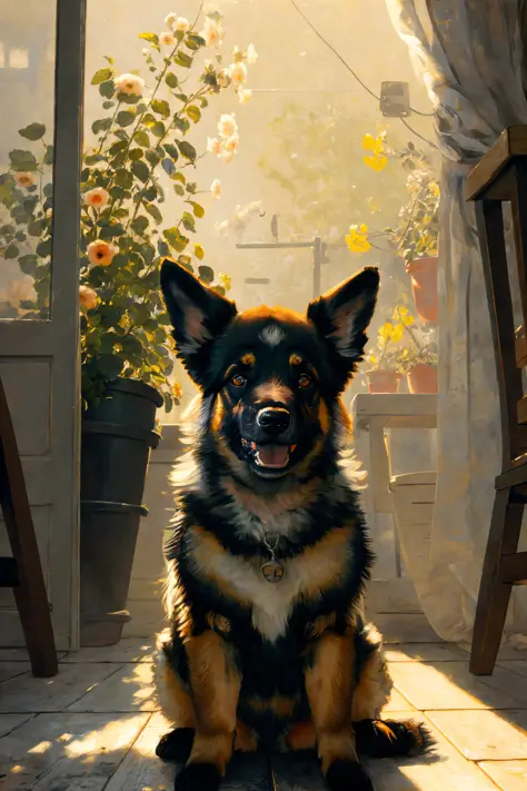 cute german sheperd greeting the viewer, art by Pierre-Auguste Renoir and jeremy mann, (pov angle:1.2), realistic, raytracing, b...