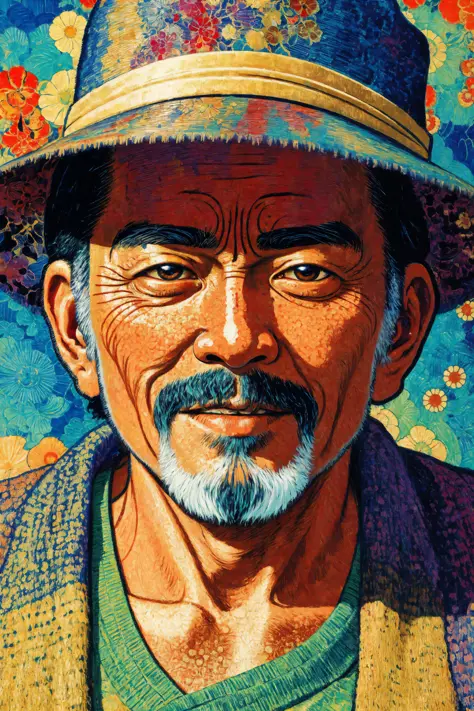 [Close up of an old asian man's face:abstract background:0.5], extremely detailed face and eyes, explosive pose, expressionism, ...