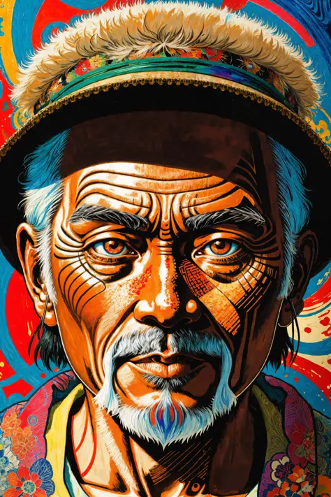 [Close up of an old asian man's face:abstract background:0.5], extremely detailed face and eyes, explosive pose, expressionism, ...