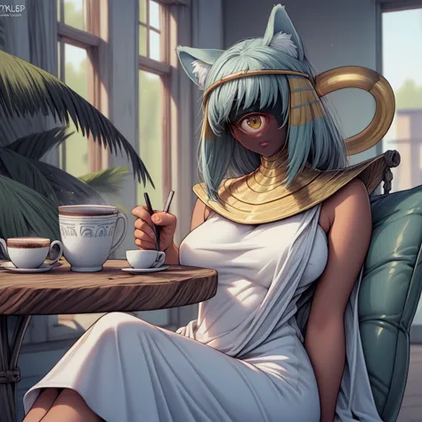 anime girl with blue hair and cat ears sitting at a table