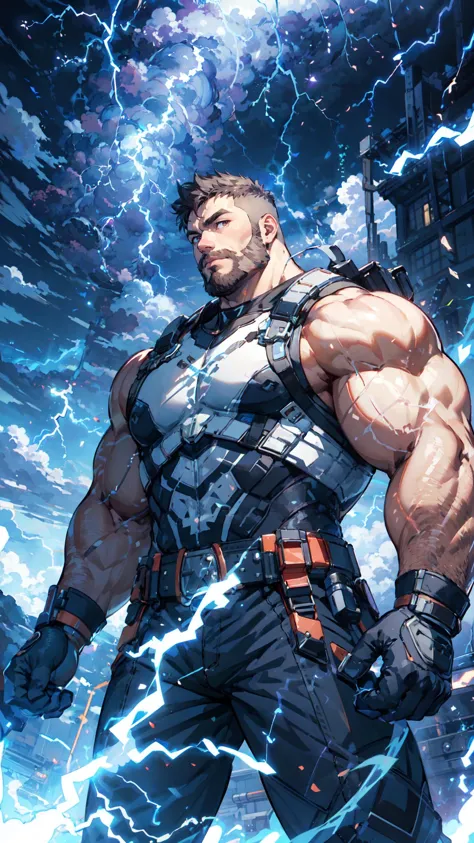 Best quality, masterpiece, ultra high res, detailed background, game_cg,
muscular male, mature male, bara stocky, thick arms, thick thighs, Lightning, looking looking at viewer,
lightning ball, Purple lightning surround, Above the clouds, Airflow climbing, Magician, <lyco:NiJiMaleV2-10:0.1>,